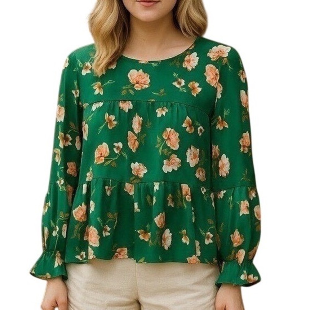 Moa Moa Green/Orange/Cream Long Sleeve Floral Print Blouse Top Shirt